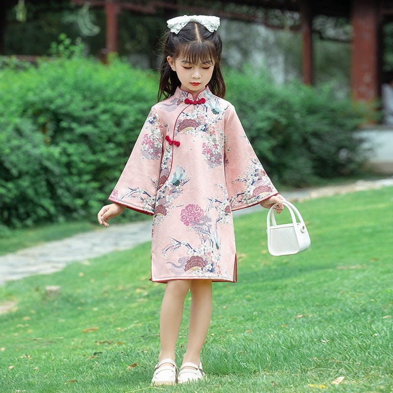 Beth and Brian Qipao-JF Children Qipao dress, gold fish&crane pattern Qipao dress for little girls