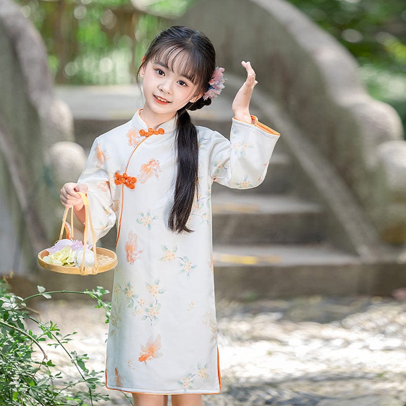 Beth and Brian Qipao-JF Children Qipao dress, gold fish&crane pattern Qipao dress for little girls