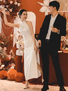 Beth and Brian Qipao - YB New Chinese style (新中式), floral embroidery, long red Cheongsam