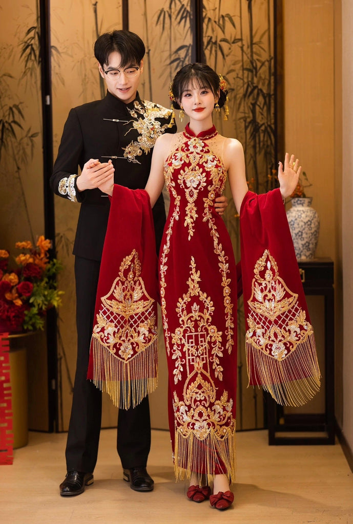 Beth and Brian Qipao- TC Sleeveless, floral luxury Qipao