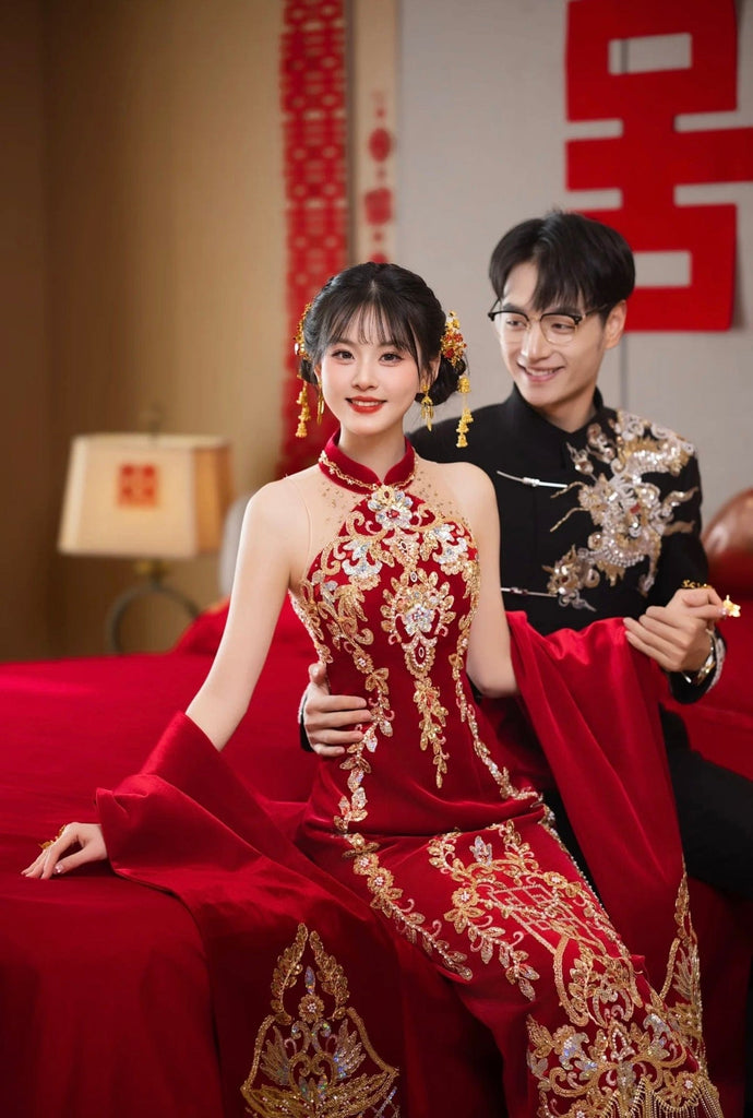 Beth and Brian Qipao- TC Sleeveless, floral luxury Qipao