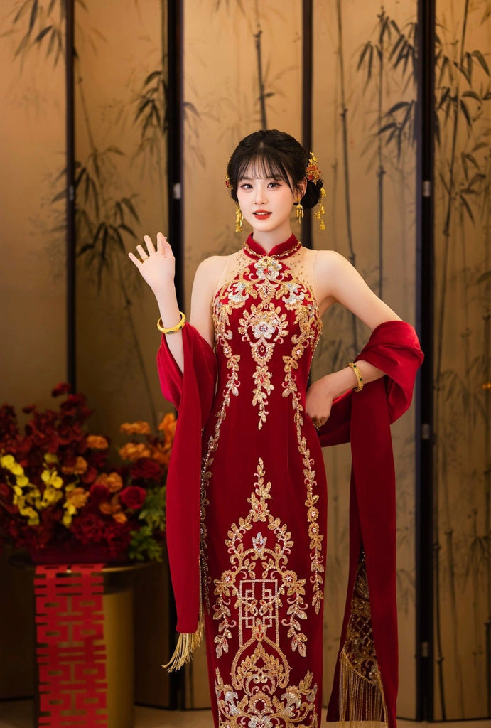Beth and Brian Qipao- TC Sleeveless, floral luxury Qipao