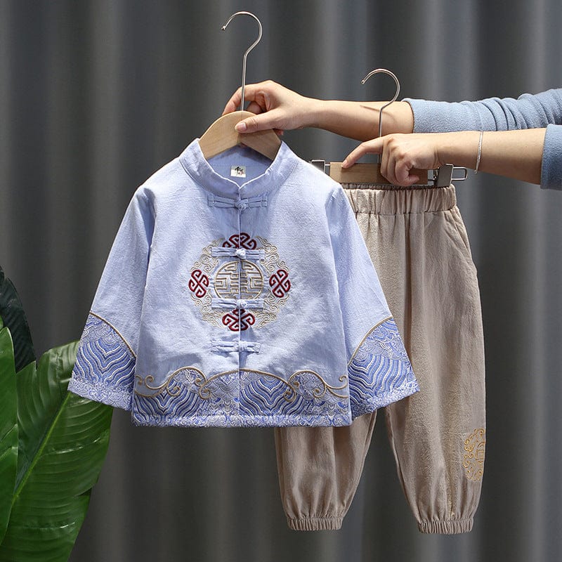 Beth and Brian Qipao-LBD Spring and fall collection, Chinese Tang suit set for boys