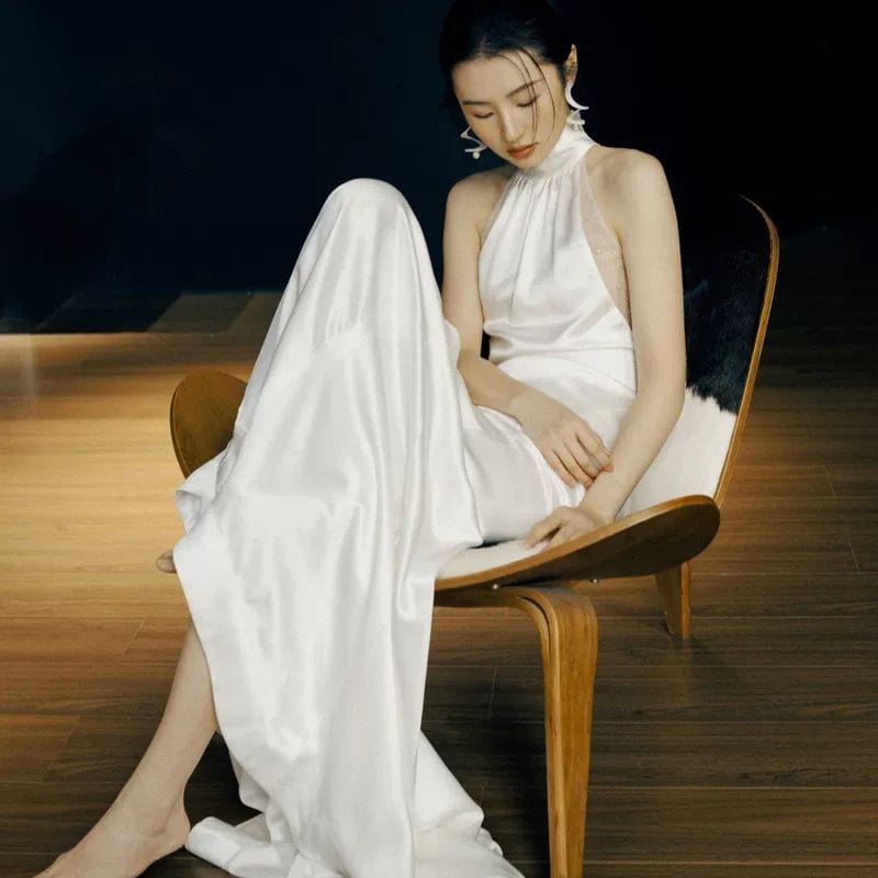 Beth and Brian Qipao-YZX Backless, high-end, halter white fishtail Cheongsam