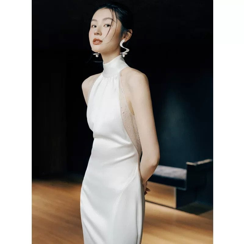 Beth and Brian Qipao-YZX Backless, high-end, halter white fishtail Cheongsam