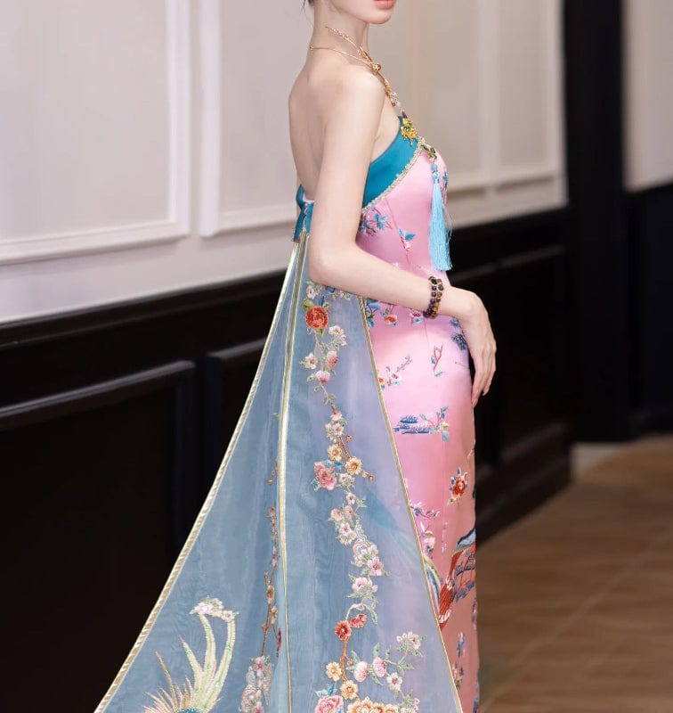Beth and Brian Qipao-MY Tube top, Peacock embroidery, high-end, pink long Cheongsam