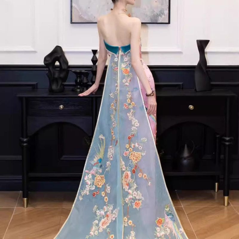 Beth and Brian Qipao-MY Tube top, Peacock embroidery, high-end, pink long Cheongsam