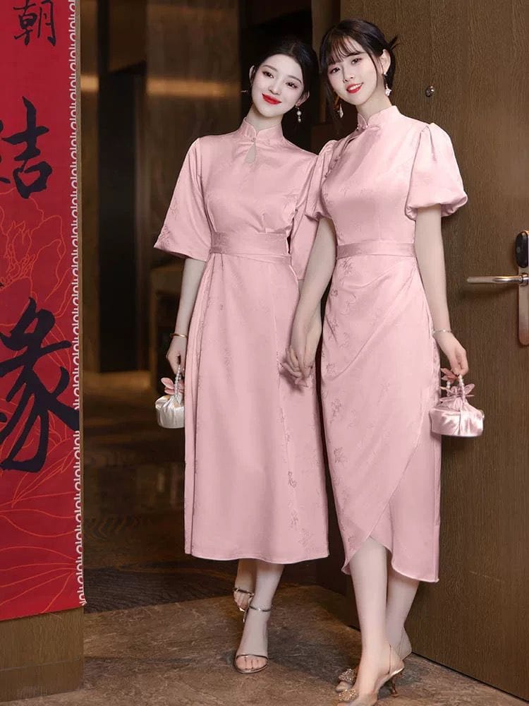 Beth and Brian Qipao-YBY Bridesmaid pink mid-length Cheongsam