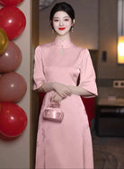 Beth and Brian Qipao-YBY Bridesmaid pink mid-length Cheongsam