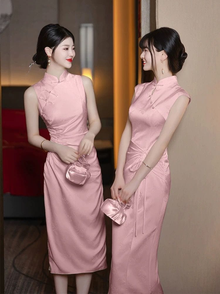 Beth and Brian Qipao-YBY Bridesmaid pink mid-length Cheongsam