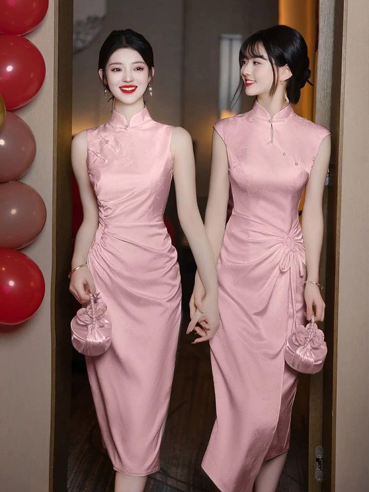 Beth and Brian Qipao-YBY Bridesmaid pink mid-length Cheongsam