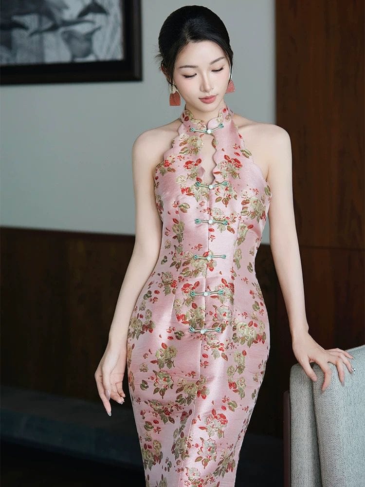 Beth and Brian Qipao-CP New Chinese style(新中式), high end, halter pink long Cheongsam
