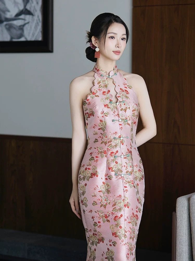 Beth and Brian Qipao-CP New Chinese style(新中式), high end, halter pink long Cheongsam