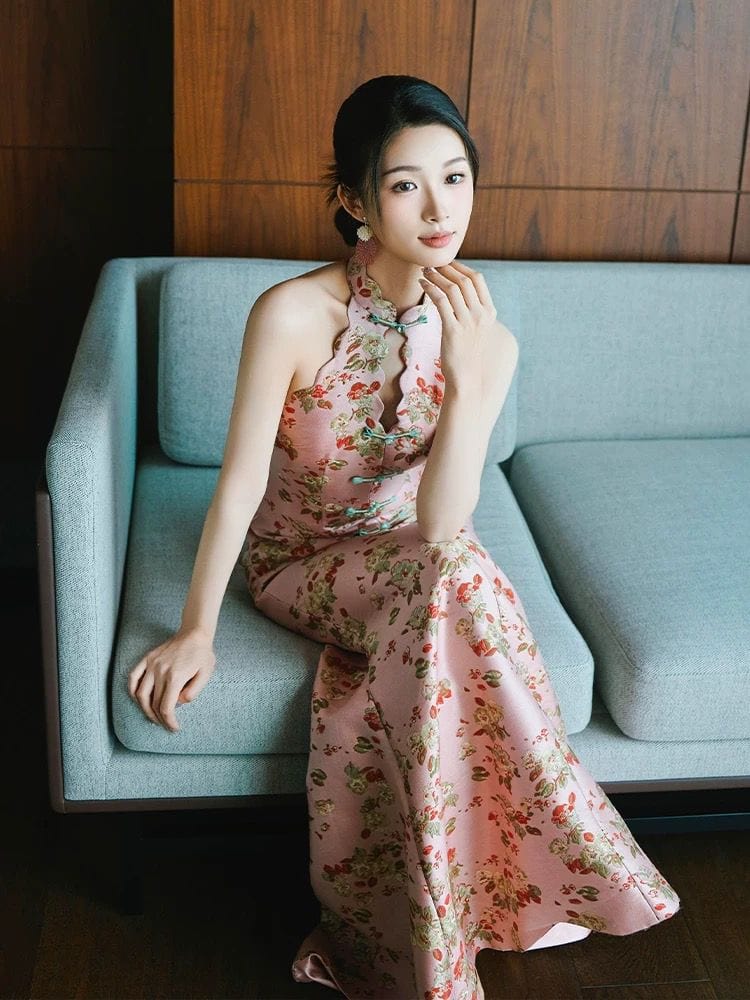 Beth and Brian Qipao-CP New Chinese style(新中式), high end, halter pink long Cheongsam