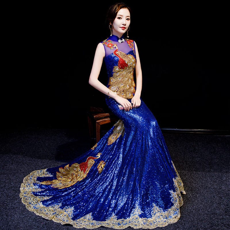 Beth and Brian Qipao - WR Customizble Peacock Embroidery, Fishtail Sequins Blue Cheongsam