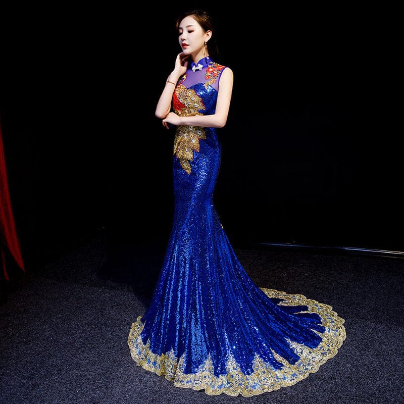 Beth and Brian Qipao - WR Customizble Peacock Embroidery, Fishtail Sequins Blue Cheongsam