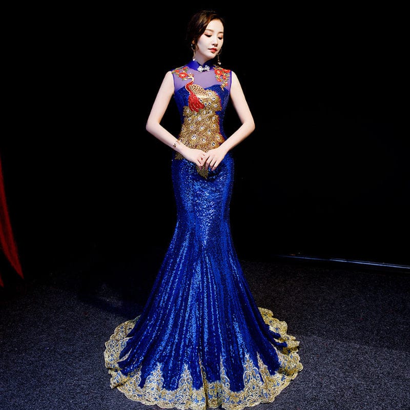 Beth and Brian Qipao - WR Customizble Peacock Embroidery, Fishtail Sequins Blue Cheongsam