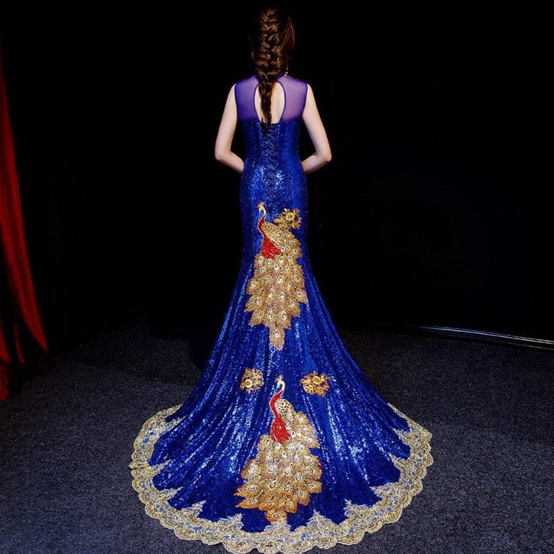 Beth and Brian Qipao - WR Customizble Peacock Embroidery, Fishtail Sequins Blue Cheongsam