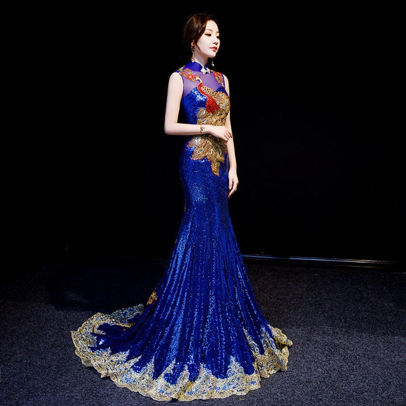 Beth and Brian Qipao - WR Customizble Peacock Embroidery, Fishtail Sequins Blue Cheongsam