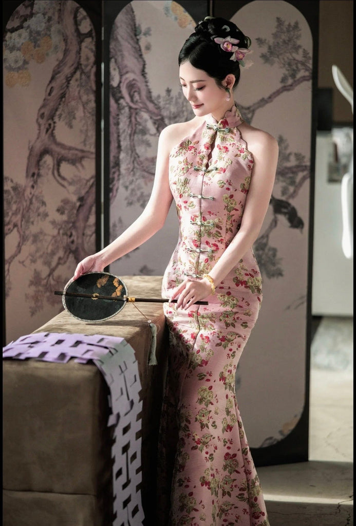 Beth and Brian Qipao- OSMY New Chinese style(新中式), high-end, halter pink long Cheongsam