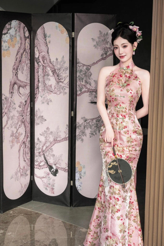 Beth and Brian Qipao- OSMY New Chinese style(新中式), high-end, halter pink long Cheongsam