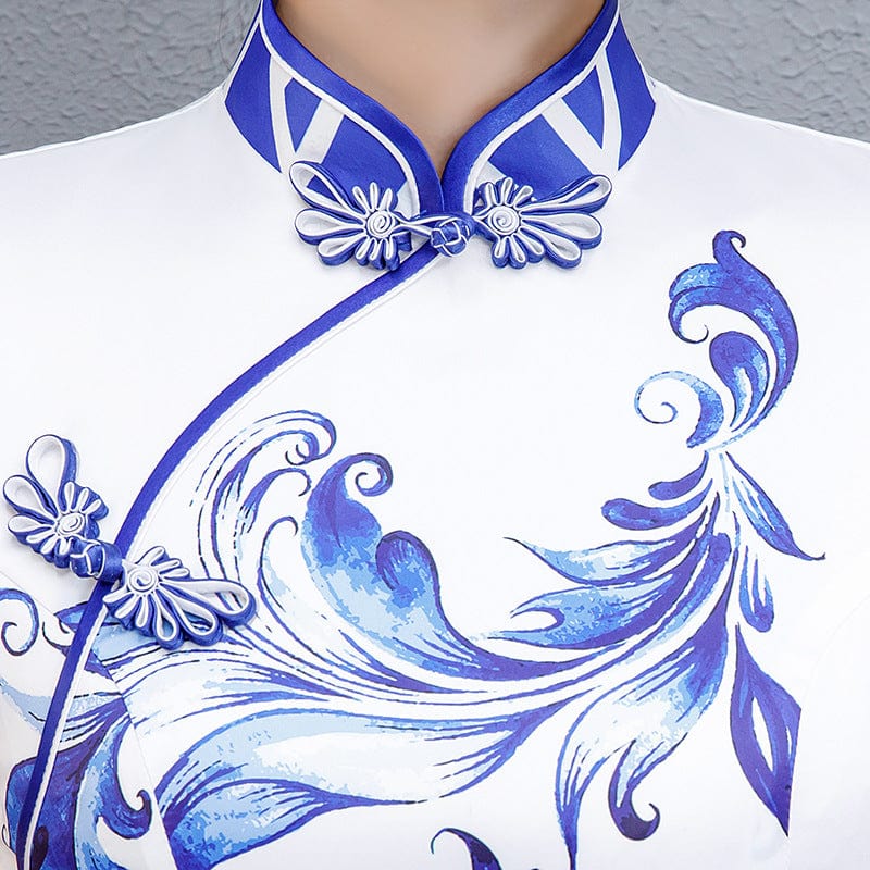 Beth and Brian Qipao-QCYJ Blue and white porcelain long Cheongsam