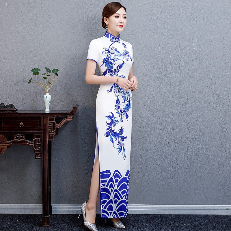 Beth and Brian Qipao-QCYJ Blue and white porcelain long Cheongsam