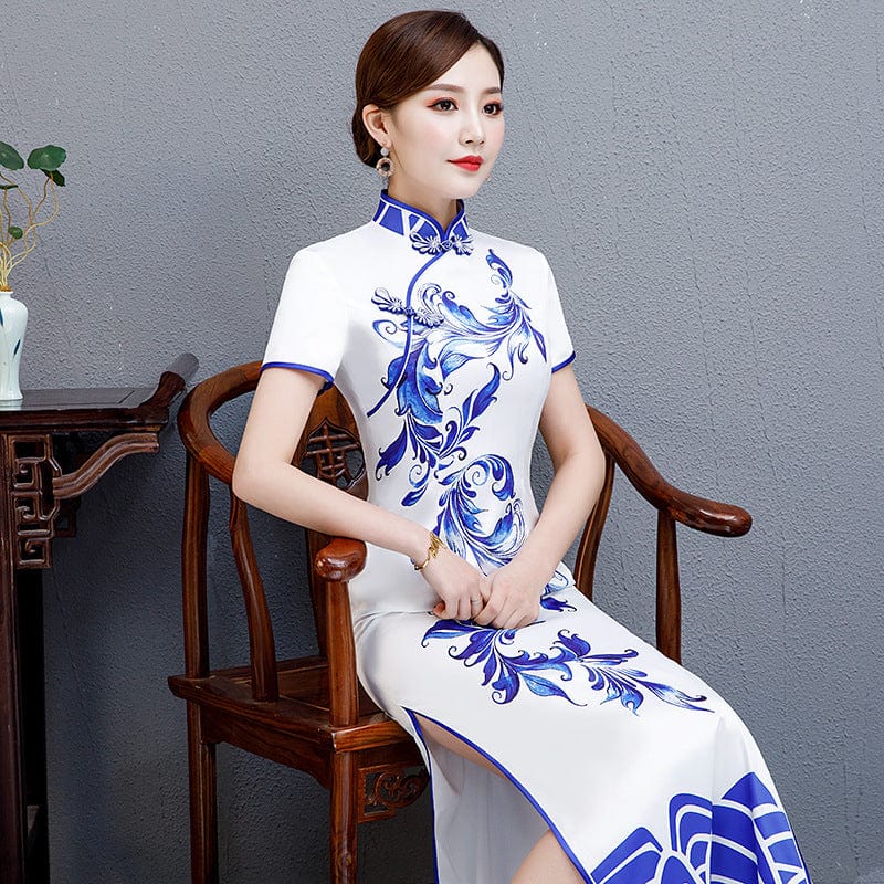 Beth and Brian Qipao-QCYJ Blue and white porcelain long Cheongsam