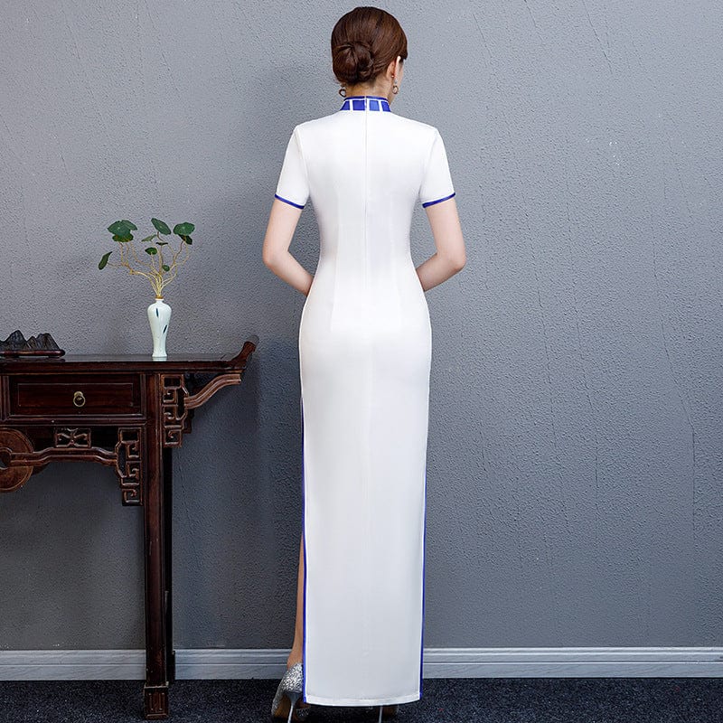Beth and Brian Qipao-QCYJ Blue and white porcelain long Cheongsam