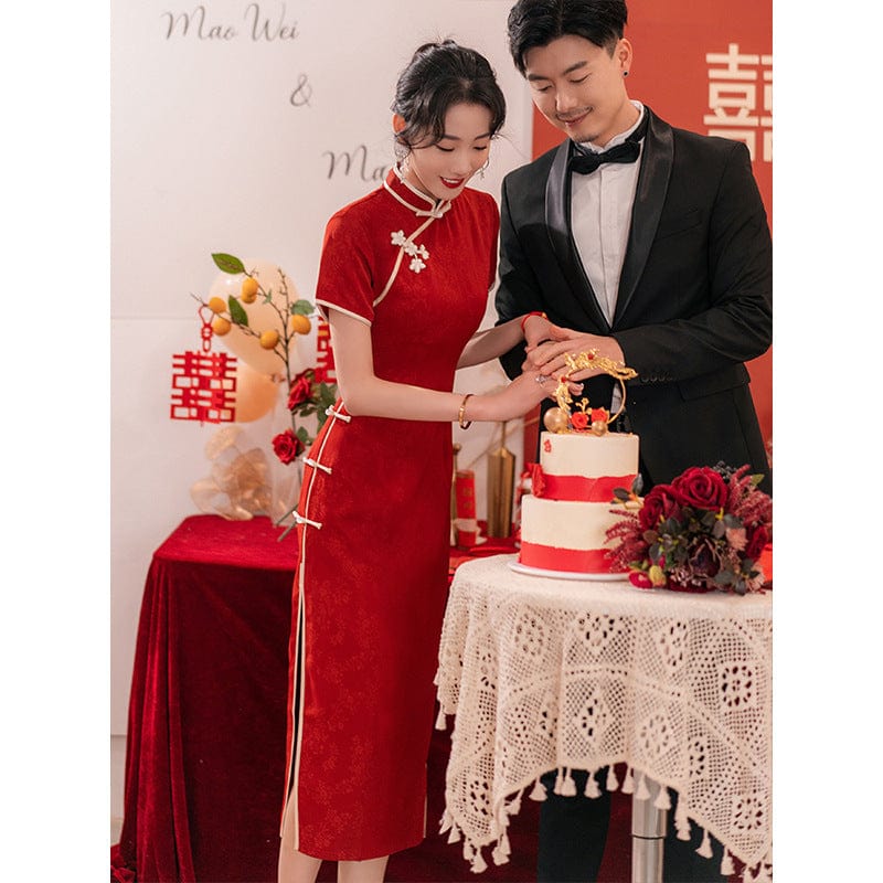 Beth and Brian Qipao-LSB Floral pattern, jacquard wedding midi Cheongsam
