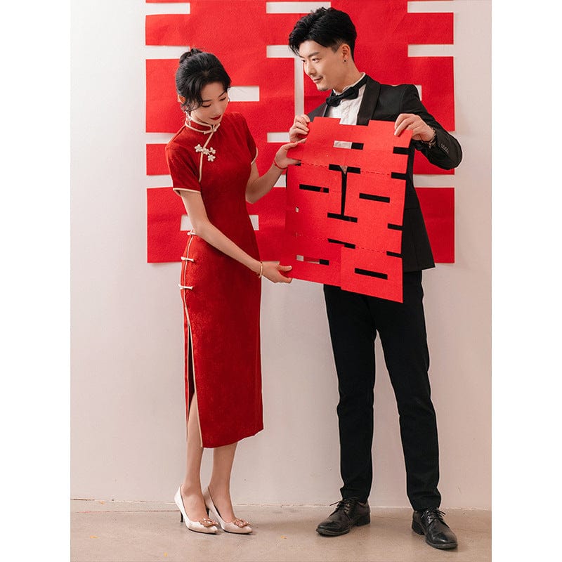 Beth and Brian Qipao-LSB Floral pattern, jacquard wedding midi Cheongsam