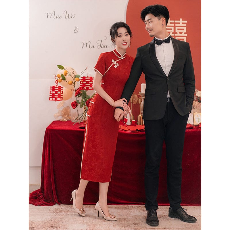 Beth and Brian Qipao-LSB Floral pattern, jacquard wedding midi Cheongsam