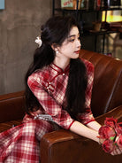Beth and Brian Qipao-LSB Plaid pattern, velvet fabric, red midi Cheongsam