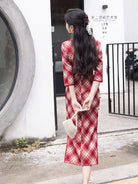 Beth and Brian Qipao-LSB Plaid pattern, velvet fabric, red midi Cheongsam