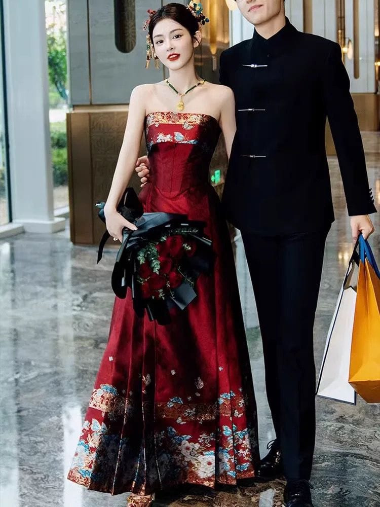 Beth and Brian Qipao-QHM Ming Dynasty, Tube top, wedding long MaMian Qun set