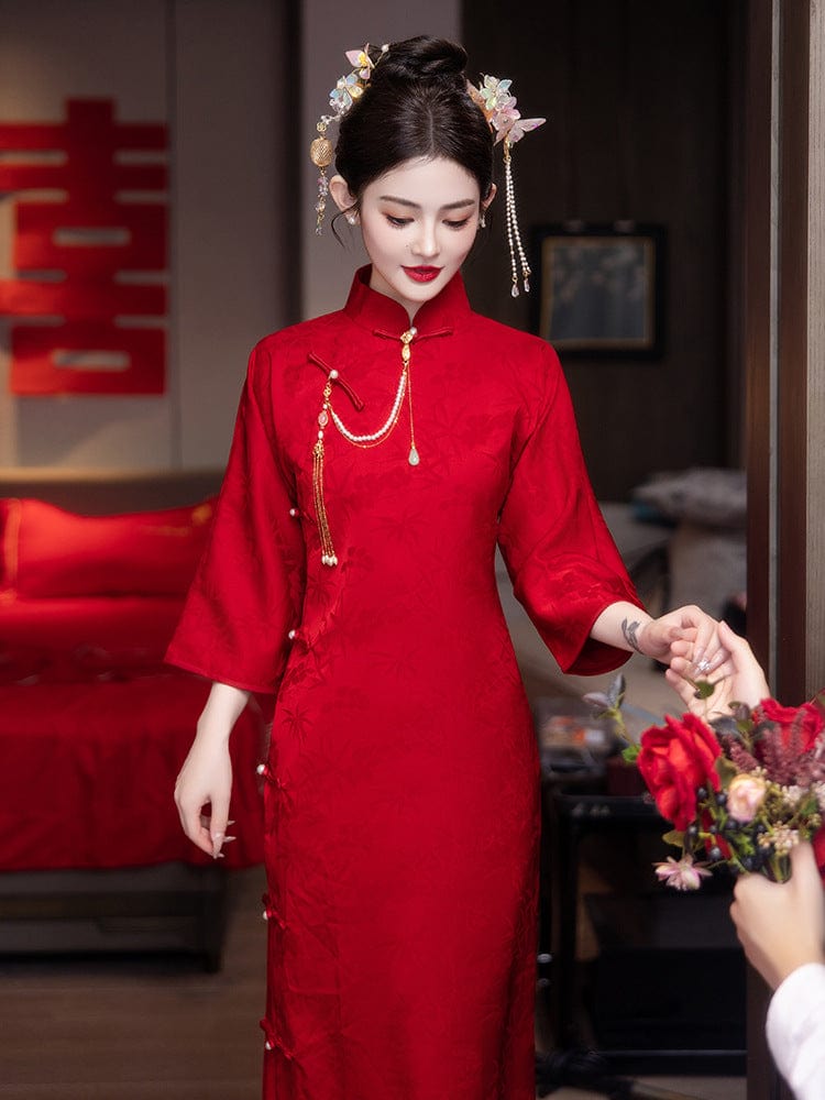 Beth and Brian Qipao-LSB Red bamboo pattern, Jacquard fabric, red midi Cheongsam