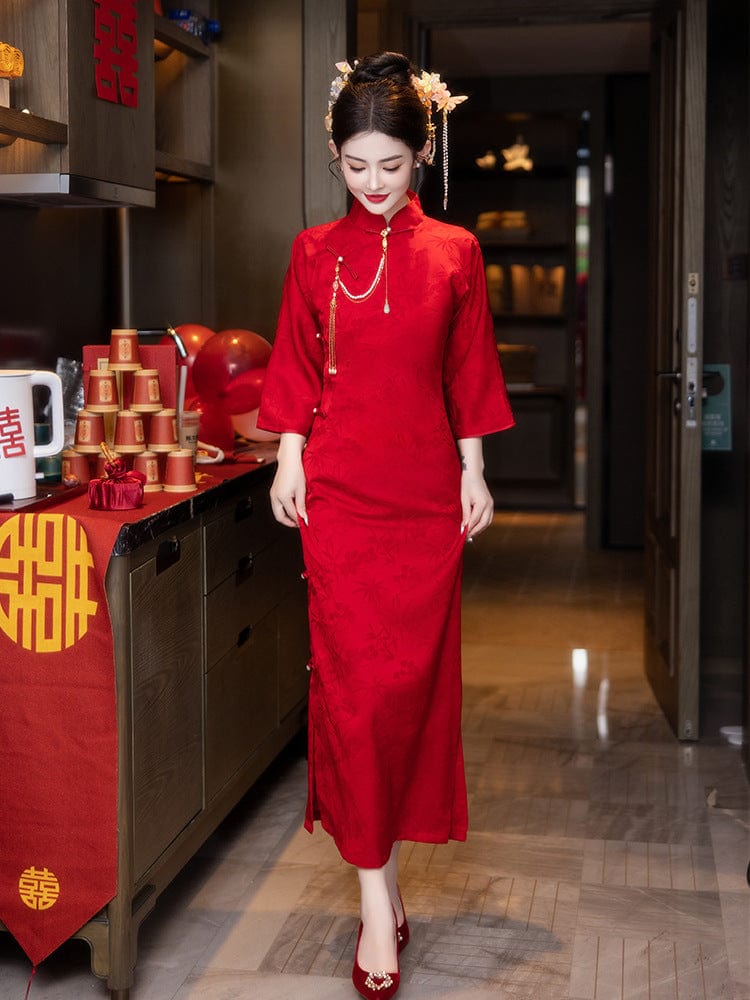 Beth and Brian Qipao-LSB Red bamboo pattern, Jacquard fabric, red midi Cheongsam