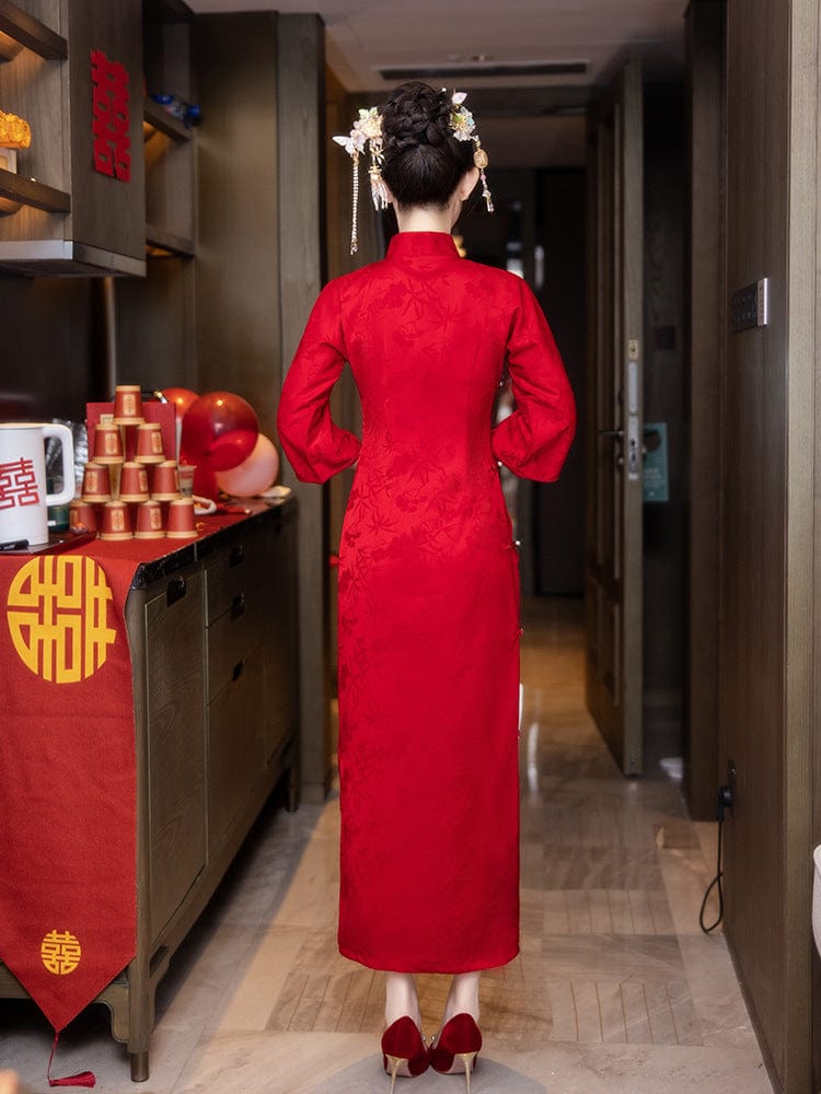 Beth and Brian Qipao-LSB Red bamboo pattern, Jacquard fabric, red midi Cheongsam