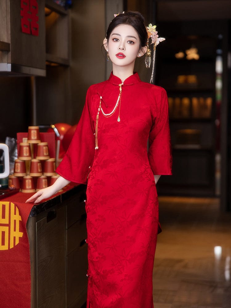 Beth and Brian Qipao-LSB Red bamboo pattern, Jacquard fabric, red midi Cheongsam