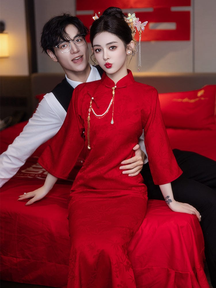 Beth and Brian Qipao-LSB Red bamboo pattern, Jacquard fabric, red midi Cheongsam