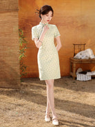 Beth and Brian Qipao-MYJ Floral pattern, beige&green short Cheongsam