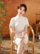 Beth and Brian Qipao-MYJ Floral pattern, beige&green short Cheongsam