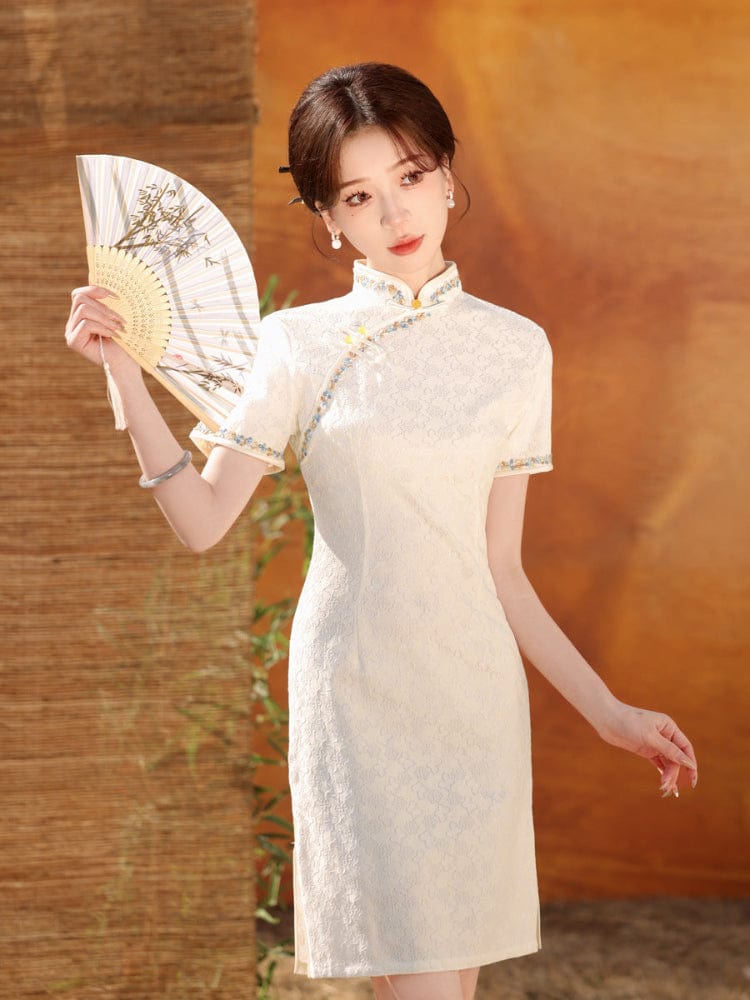 Beth and Brian Qipao-MYJ Floral pattern, beige&green short Cheongsam
