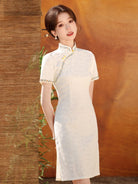 Beth and Brian Qipao-MYJ Floral pattern, beige&green short Cheongsam