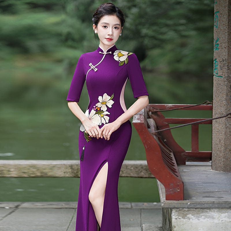 Beth and Brian Qipao-YD Floral print, long plus size Cheongsam for mothers