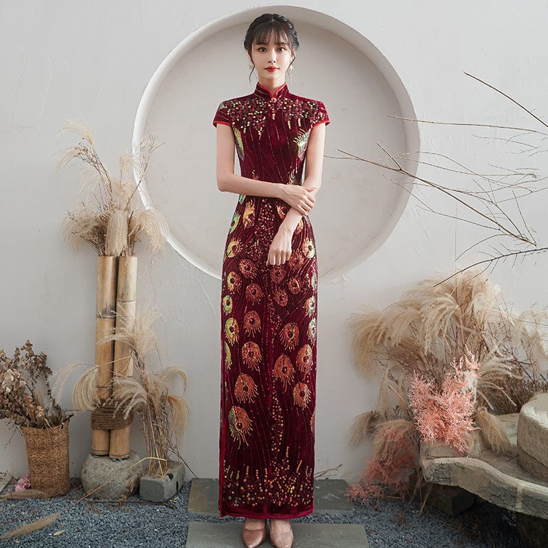 Sequin Cheongsam, Chinese Red Dress, Chinese Prom Sequin Qipao S / Red