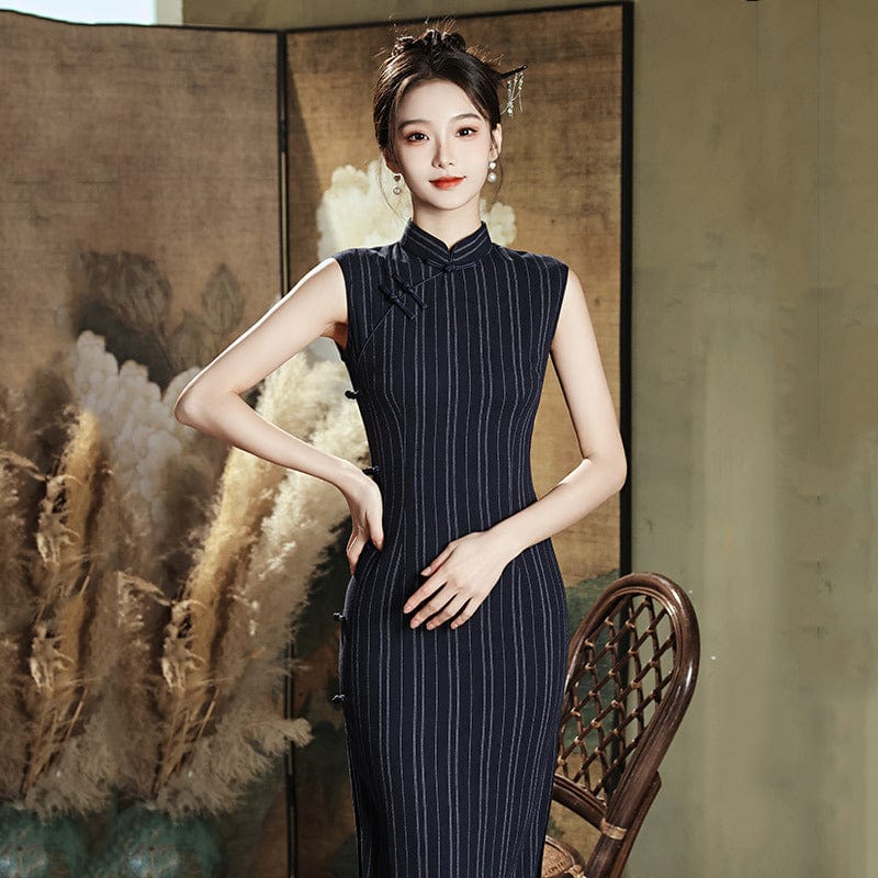 Beth and Brian Qipao-ZQYS Stripe pattern, navy blue mid-length Cheongsam