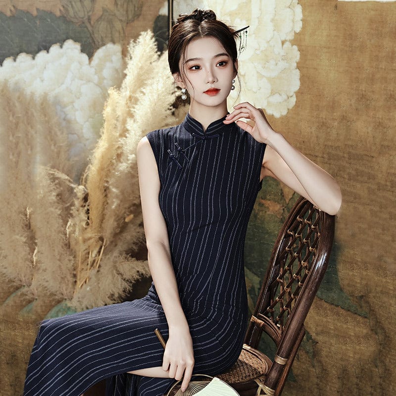 Beth and Brian Qipao-ZQYS Stripe pattern, navy blue mid-length Cheongsam
