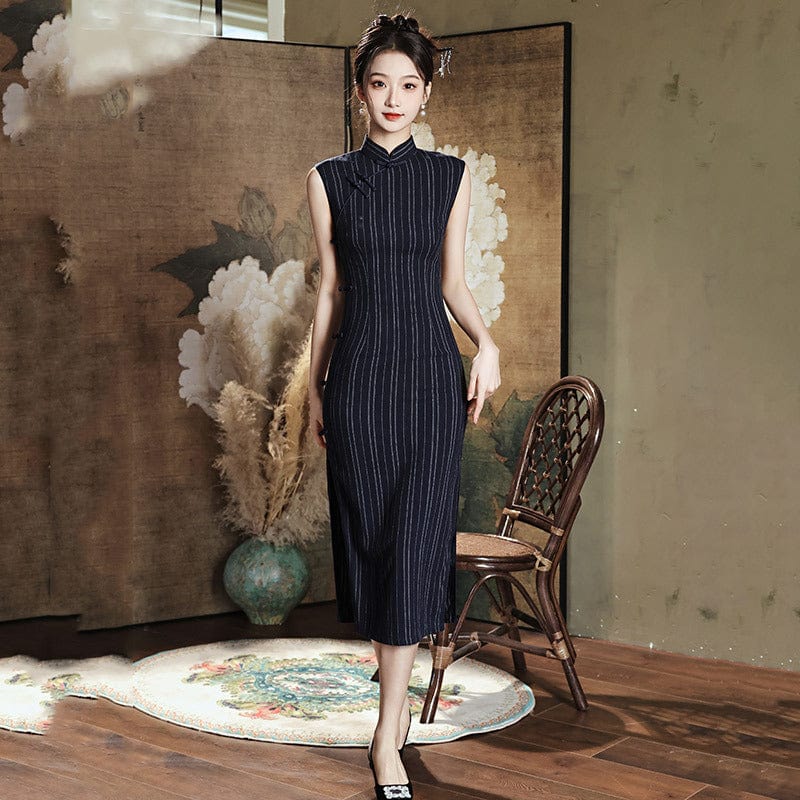 Beth and Brian Qipao-ZQYS Stripe pattern, navy blue mid-length Cheongsam