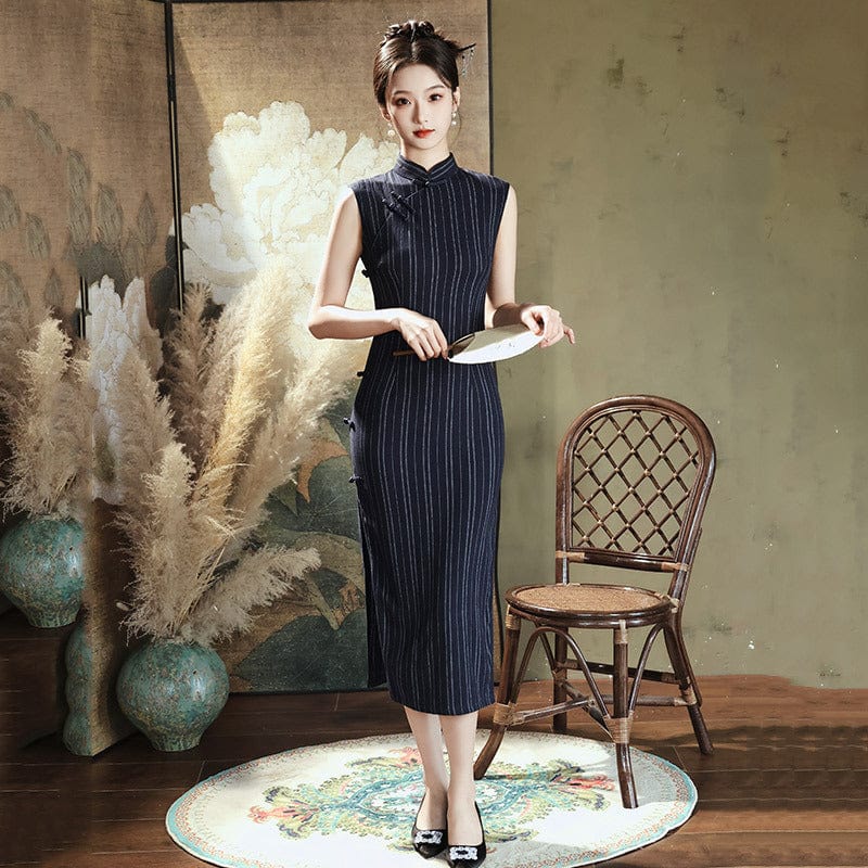 Beth and Brian Qipao-ZQYS Stripe pattern, navy blue mid-length Cheongsam